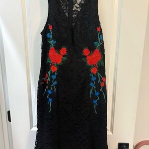 Nicole Miller Black Lace Midi Dress with Red & Blue Floral Embroidery